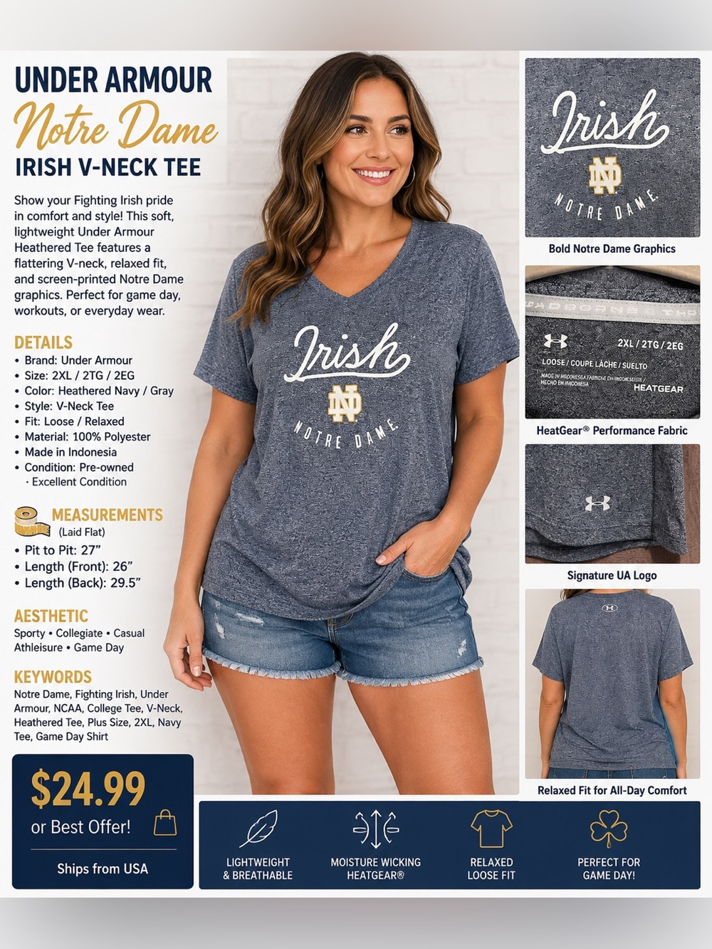 Under Armour Heathered Blue Notre Dame 'Irish' V‑Neck Tee